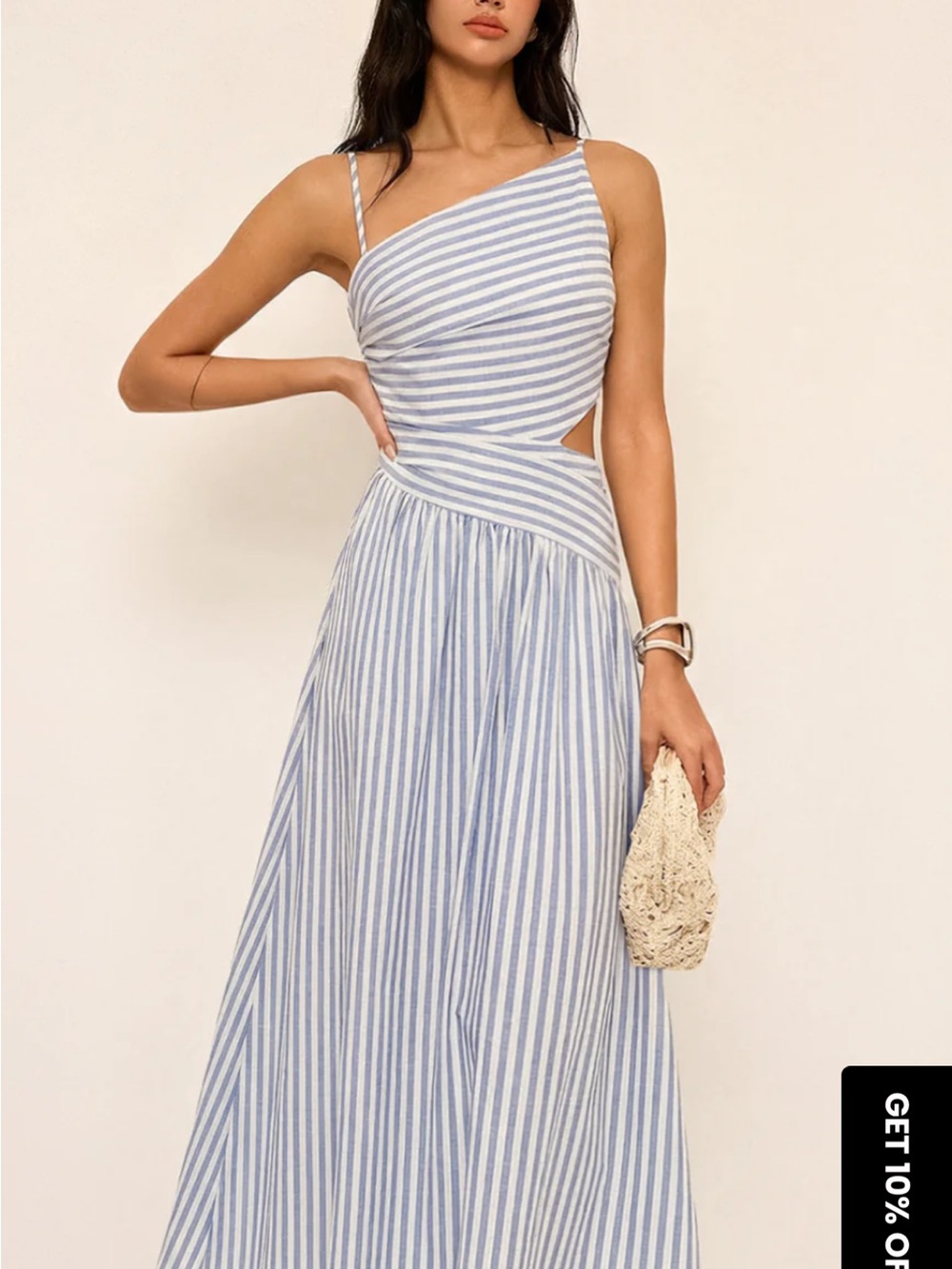 Commence Striped Blue and White One-Shoulder Cutout Maxi Dress